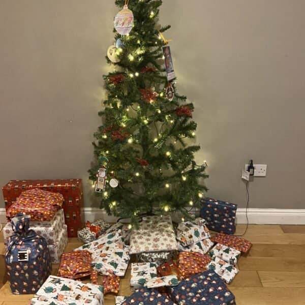 Christmas tree beautifully decorated with twinkling lights and wrapped presents underneath